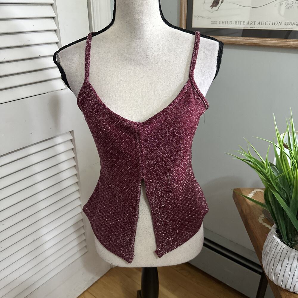 Vintage Joule Top Womens Medium Metallic Burgundy Split Front Y2K Indie Sleaze